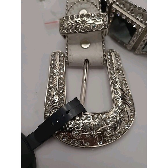 Genuine Leather Belt White Silver Buckle Studded Mirror Style Western Rock Retro - Picture 4 of 15